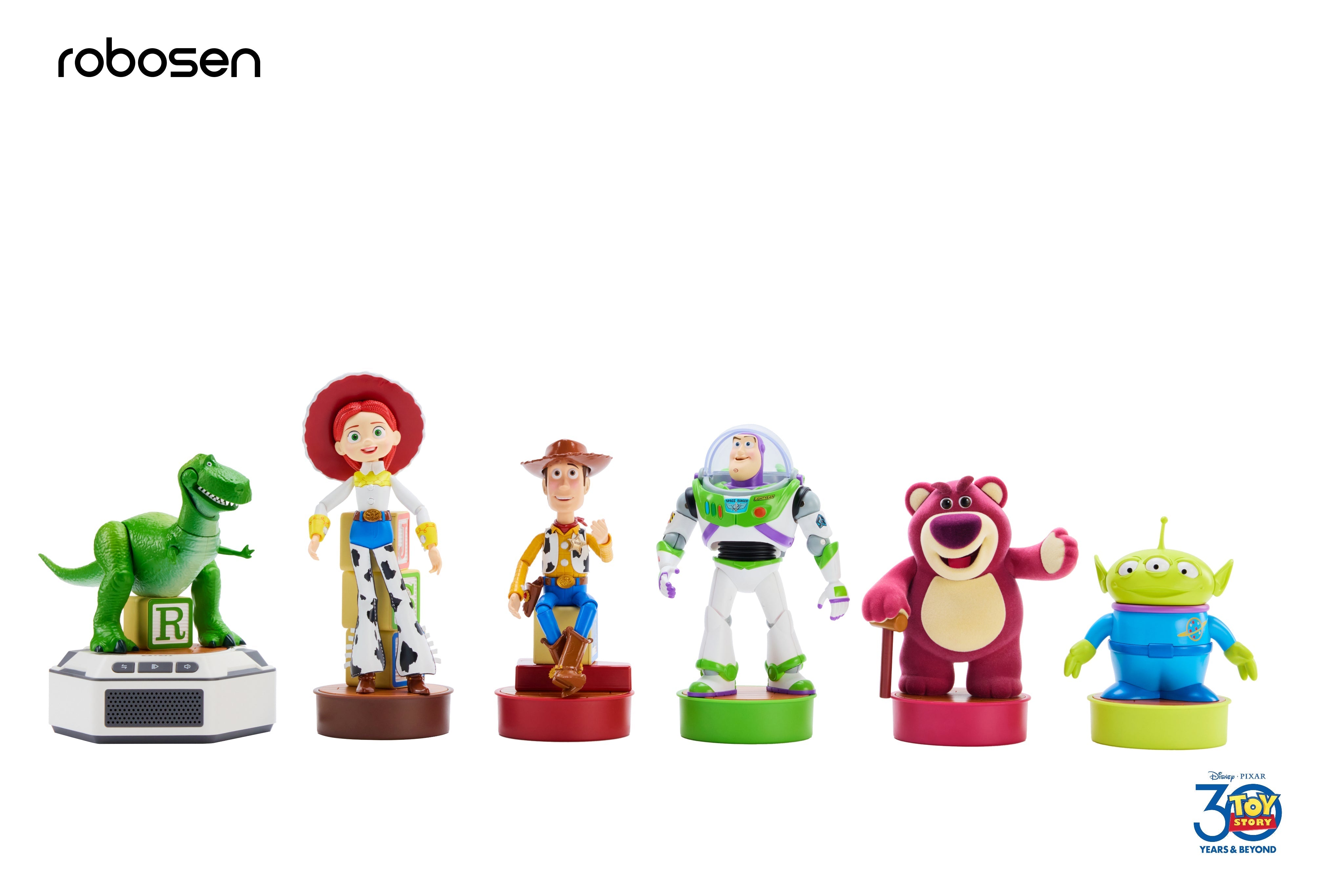 Six personnages emblématiques réunis – Woody, Buzz l’Éclair, Alien, Lotso, Jessie et Rex, conçus avec des détails authentiques et des personnalités fidèles aux films.