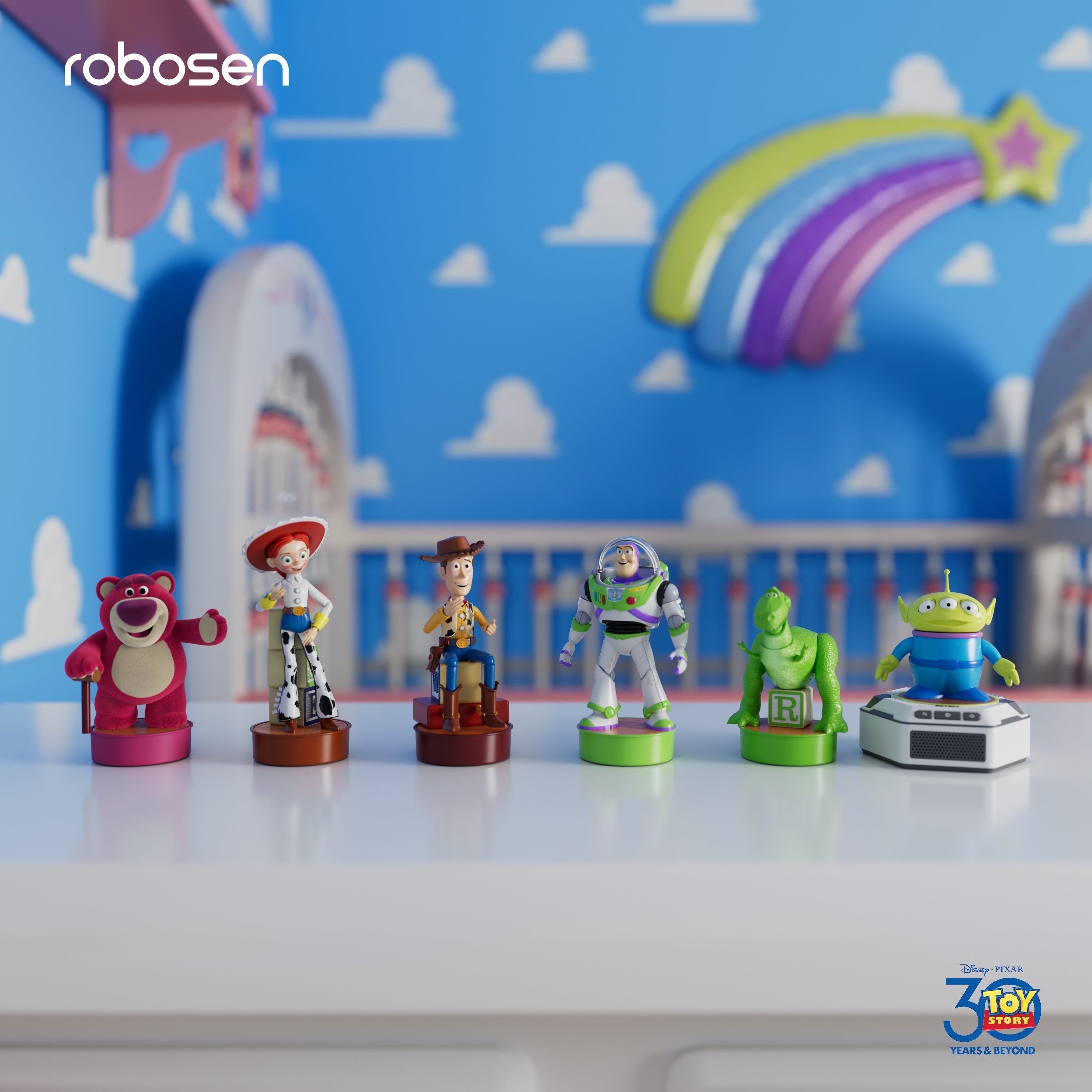 Six personnages emblématiques réunis – Woody, Buzz l’Éclair, Alien, Lotso, Jessie et Rex, conçus avec des détails authentiques et des personnalités fidèles aux films.